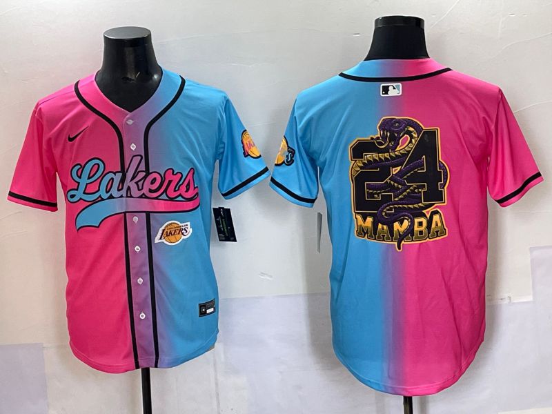 Men 2025 Los Angeles Lakers Blank Blue pink Nike Joint Name NBA Jersey style 6